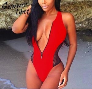 Sexig dragkedja Bikini Women 2019 Mesh Push Up Bathers Beach Wear Badkläder Högskuren baddräkt Black Swimsuit One Piece Monokini5930806