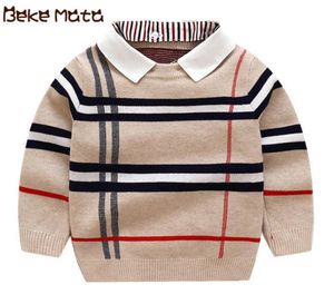 Kids Sweters Autumn 2021 Plaid Toddler Boy Sweater Fake Twopiece Fake Twopece Chłopcy Pullover Dzieci Ubranie 27Y Y10249868496656