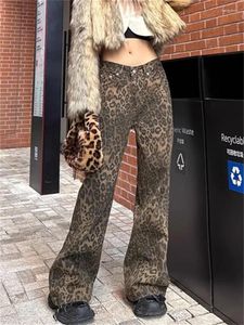 Kvinnors jeans vintage leopard tryck kvinnor 2024 hög midja streetwear casual wide ben denim byxor rak full längd baggy