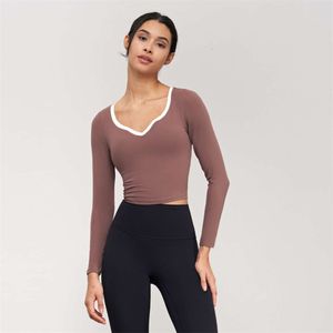 Lu Align Lemon Long Sleeve Shirt Summer Yoga Gym Sports Women V-neck Tight Crop Top Fiess Casual T-shirts Workout Blouses with Bra Pad Jog