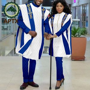 APTX African Couple Clothes Men Women Matching Agbada Robe Shirt Pant Suit 3 Pieces Set for Wedding Daily Love Wear TY21C032 240304