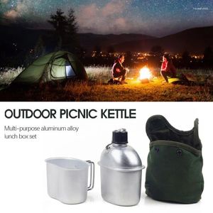 Vattenflaskor 1L Militär kantinpaket Portable Aluminium Cup Wood Spise Set med Nylon Cover Bag för camping Vandring av backpacking