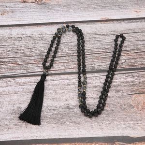 Mala Beads 6mm Pietra vulcanica Annodata Meditazione Gioielli semipreziosi Uomini e donne Collana con ciondolo pendente con nappa nera N288h