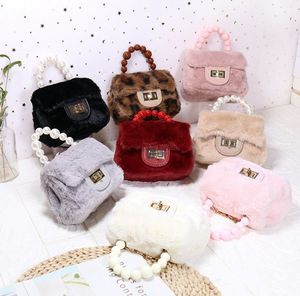 INS kids pearls chain handbags Fashion girls faux rabbit fur crossbody bags mini fleece single shoulder bag lady style children purse Q0818