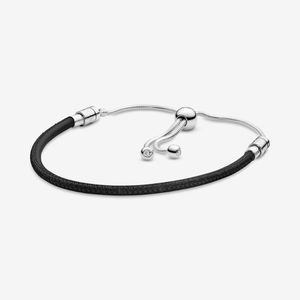 100% 925 Sterling Silver Black Leather Slider Armband Chain Classic Round Clasp Fashion Women Wedding Engagement Jewelry Accessor231m