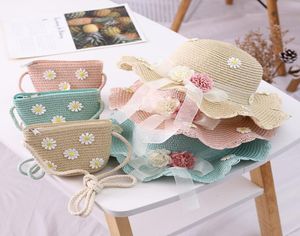 Girls Straw Hats Bags Set Summer Ribbon Flower Beach Messenger Caps Mini Handbags Sunshade Fisherman Hat Sunscreen Daisy Chrysanth1177162