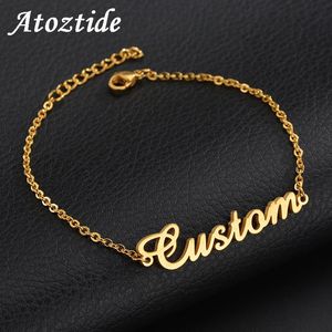 Atoztide personalizado nome pulseira para mulheres encantos de aço inoxidável artesanal gravado caligrafia amor pulseira presente 240315