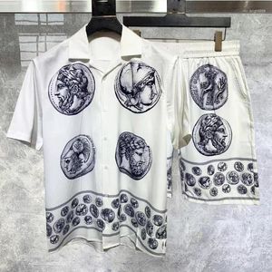 Men's Tracksuits Men Lapel Artistic Portrait Print Beach Shirt Short Summer Vintage Hawaiian Hip Hop Sleeve Set Button Down Shirts