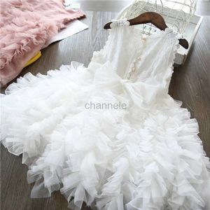 Mädchenkleider Weiße Spitze, hübsches Mädchen-Prinzessinnenkleid, flauschiges Kuchenkleid für Mädchen, Geburtstag, Hochzeit, Tutu, Sommerkleid, ärmellos, 240315