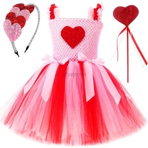 Girl's Dresses Valentines Princess Dresses For Girls Sweet Hearts Ballet Outfits Tutus For Children Costume For Birthday Parties From to Bow for Hair Wand 240315