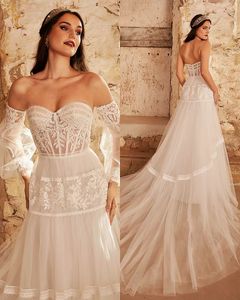 White Elegant Aline Wedding Dresses Bohemian Beach Bridal Gown Oganza Strapless Lace Sweet Formal Occasion Vestidos De Novia