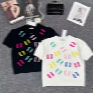 Designer Women's T-shirt Rainbow Colour Embroidery Logo Elegant Fashion Summer Women Short Slim Knitwear Short-sleeved Tops