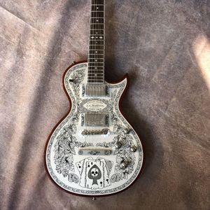 Ny 6-strängs elektrisk gitarr aluminiumplatta graverad faner rose träfingerboy