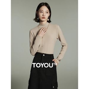 Toyouth Women Tees Winter Long Sleeve Half High Collar Slim Fit T-shirt Självvärme Varma mångsidiga flerfärgade toppar 240328