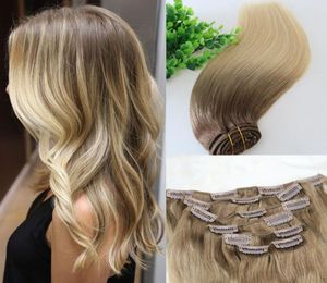 8 60 613 Fullt huvudklipp i mänskliga hårförlängningar ombre medium brun ombre hårljusblond balayage höjdpunkter 7 st mycket 120g4653250