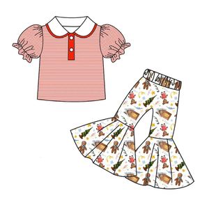 Design vestido de menina de Natal manga bufante conjunto de calças flare pão de gengibre padrão homem tecido de seda de leite estilo casual 240228