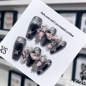 Feito à mão y2k imprensa em unhas punk francês luxo estrela reutilizável adesivo falso preto longo caixão artificial manicure 240313