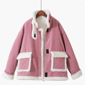 Women's Down Style Pocket Stand Collar Thick Corduroy Lamb Plush Liner Casual Solid Color Coat Winter Jacket Women