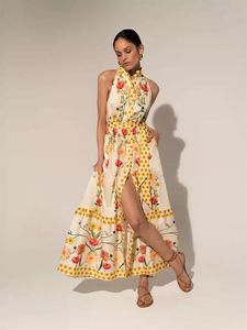 2024 nova moda mulher sexy maxi vestido praia resort gola alta sem mangas solto rendas até vestido de flor