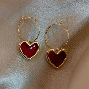 Sweet Burgundy 14k Yellow Gold Enamel Heart Earrings for Women Girl Gold Color Metal Love Heart Hanging Dangle Earrings Vintage Jewelry