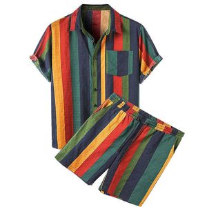 Mens beach Hawaiian colorful striped short sleeved shorts set two-piece shirt set