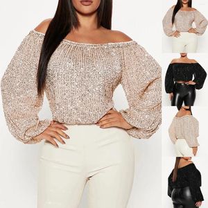 Women's Blouses Women Sexy Off Shoulder Crop Tops Blouse Long Sleeve Sparkling Sequins Shirts Party Club Shiny Top Blusas Feminina