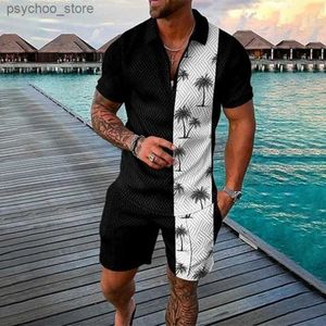 Tracksuits masculinos 2023 verão mens casual conjunto 3d zíper camisa de manga curta shorts 2 peças conjunto calças esportivas moletom com capuz roupas de rastreamento 3xl q240314