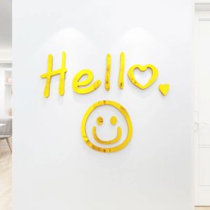 Adesivos de parede acrílico letras 'olá' decoração de sala de estar rosto sorridente quarto infantil 3d diy decoração de parede decoração de casa