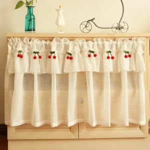 Curtains Korean Style Fresh Linen Short Curtain for Kitchen Small Window Half Curtain Cherry Decorative Valance Tulle Door Curtain Drape