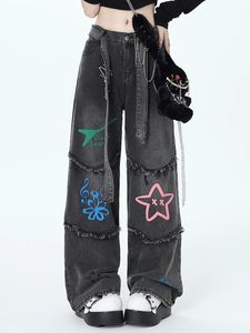 American Retro Graffiti Womens Jeans Autumn Winter Casual Star for Women Patchwork High midja Y2K Pants With Belt 240307