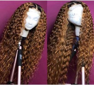 Ombre encaracolado peruca cheia do laço loira dois tons cor 1b 30 brasileiro completo laço frente perucas de cabelo humano kinky encaracolado com cabelo do bebê 4993681