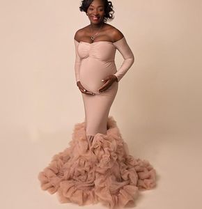 Chic Blush Pink Ruffles Maternity Robes Women Long Sleeve Poshoot Fluffy Tiered Dress Formal Event Overlay Sleepwear 20212511968