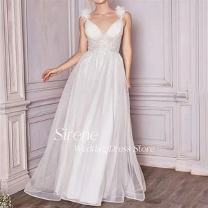 Sexig spetsapplikation 3D Flowers Organza Wedding Dress A-Line Deep V-hals Spaghetti Rems Golvlängd Backless Bride Robes YD