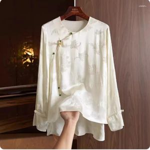 Women's Blouses Satin Shirt Summer Floral Chinese Style Silk O-neck Clothing Loose Fashion Long Sleeve Women Tops YCMYUNYAN