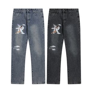 Designer Jeans High Street Trendy Brand Washed and Aged Angel Print Hip Hop Men's and Women's Style Straight Leg Casual Jeans