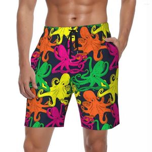 Calções masculinos coloridos polvo oceano placa verão animal diversão esportiva calças curtas masculino secagem rápida clássico plus size troncos de natação