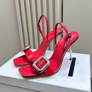 高級デザイナーハイエンドブランドシューズ2024新しいスーパーハイヒール10cmシンプルな職場の女性靴ファッションシューズパテントレザーサンダル、靴箱35-41