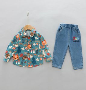 2 pçs conjuntos de roupas infantis algodão da criança dos desenhos animados impressão lapela camisa jeans zoológico animal calças outono bebê crianças conjuntos 3071863