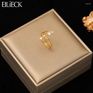 Cluster Rings EILIECK 316L Stainless Steel White Zircon Cuff Open Ring For Women Girl Fashion Adjustable Finger Waterproof Jewelry Gift