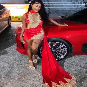 Sexy Red Short Prom Dresses 2024 See Through Baddies Black Girls Evening Dress With Train Elegant Gold Lace Cocktail Dress Graduation Formal Party Vestios De Galas