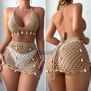 Férias mão gancho concha oco sexy pendurado pescoço cinta praia malha maiô designer de luxo conjunto biquíni moda maillot de bain