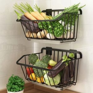 Baskets Black Stainless Steel Kitchen Wall Hanging Storage Basket Spice Rack Fruit Vegetables Drainer Organizer Dish Tools Drying Shelf