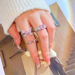 Cluster Rings Pink Crystal Irregular Heart Y2K Vintage Shiny Zircon Love Open Ring For Women Trend Punk Girl Party 2024 Jewelry Gifts