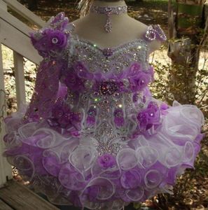 Organza Mini Cupcake Toddler Glitz Girls Pageant Dresses Pärlade Rhinestones Layered Ruffles Piping Cupcake White Little Flower Gir3110412