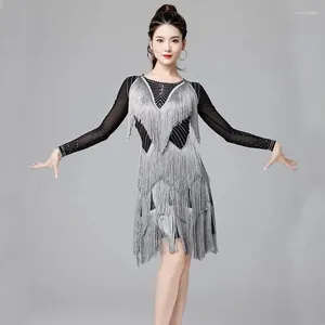 Stage Wear Latin Dance Dresses Salsa Sling Stretchy Dress Long Sleeves Fringes Women 1920s Cocktail Evening Prom Party