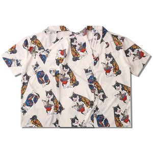 Homens jovens casal marca de moda Fortune Cat digital impresso manga curta lapela solta camisa casual