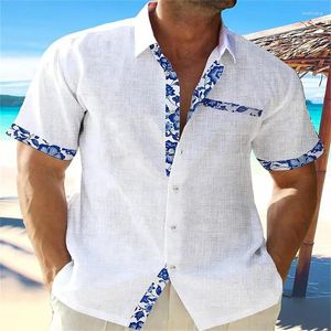 Camisas casuais masculinas Moda de verão Hawaiian Camisa de linho de renda de renda de praia Pocket Manga curta Tamanho grande jaqueta 7 cores camiseta