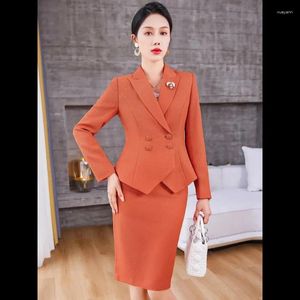 Vestido de duas peças elegante escritório senhoras saia terno laranja rosa azul duplo breasted moda feminina blazer 2 conjunto de alta qualidade roupas de negócios