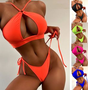 Swimwear Women Summer Bikini Solid Color Cutout Cross Tie Split Swimsuit Sexy Bikini Set Quality Seaside Beach Clothes 240309