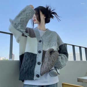 Women's Knits 2024 Arrival Autumn Women Loose Fit Casual V-neck Long Sleeve Cardigan Knitted Patchwork Single Breasted Sweater V746